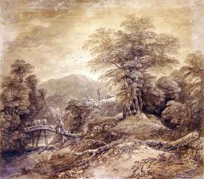 Wooded Mountain Landscape Herdsman and Cows Crossing