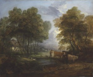 A wooded landscape with a pond and a figure on a path