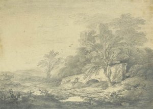 An extensive landscape with a traveller resting below a stone bridge, a ruined castle on a hill beyond