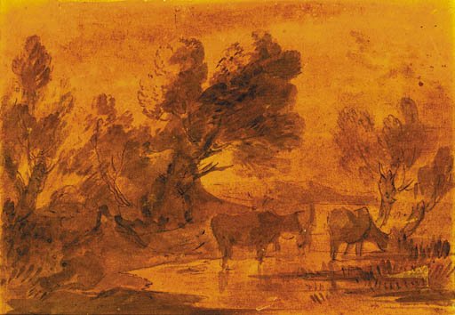 Cattle watering in a wooded landscape