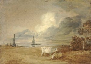 Coastal scene with shipping, figures and cows