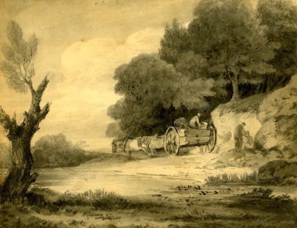 Figures with cart at roadside