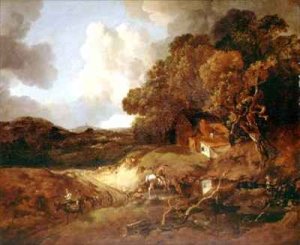 Extensive wooded landscape with peasants on a path