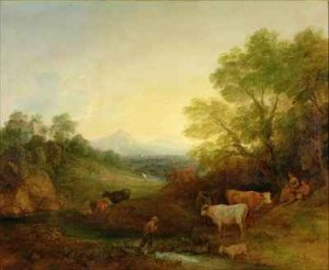 A Landscape with Cattle and Figures by a Stream and a Distant Bridge