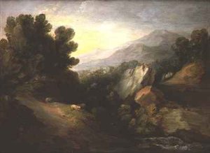 Rocky wooded landscape with sheep by a waterfall