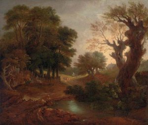 A wooded landscape with a pond and a figure on a path