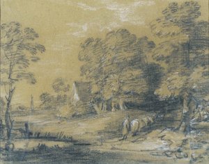 A wooded landscape with a shepherd and his flock fording a stream, a cottage beyond