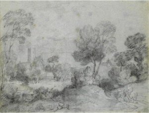 Wooded Landscape With A Traveller On A Country Road, A Church And Cottages Beyond