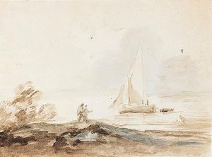 Lake Scene With Figures And Sailing Ship