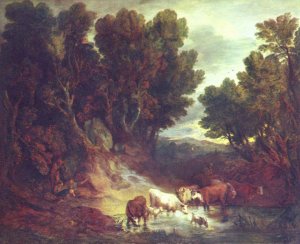 A Wooded Landscape with Drinking Animals